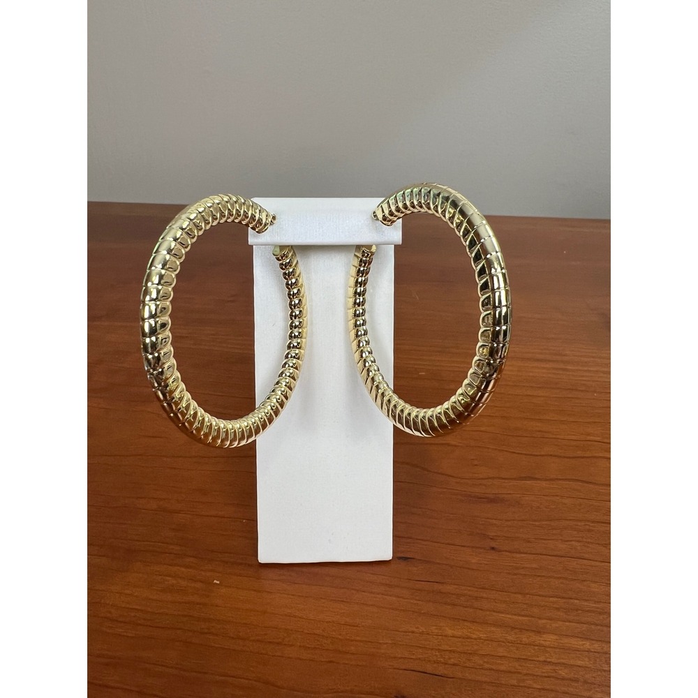Large Gold Tone Textured Shrimp Hoop Earrings Ribbed Statement Hoops 2.25"